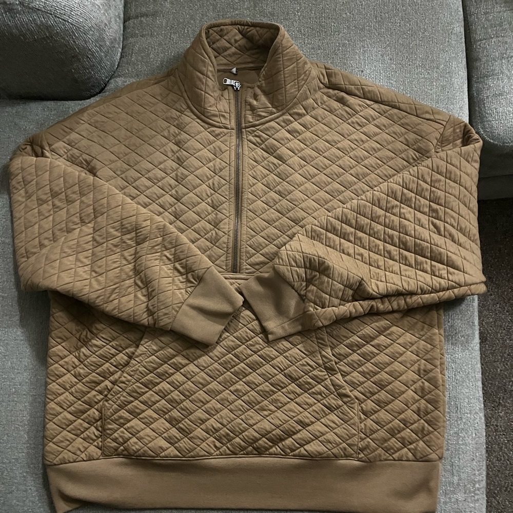 Unisex Quilted Tan/Brown Half Zip Pull Over Hoodie Without Tag